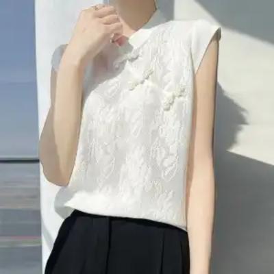 Women's Chinese Style Cheongsam Top Black Sleeveless Knitted Top with Frog Buttons Mandarin Collar Casual Blouse