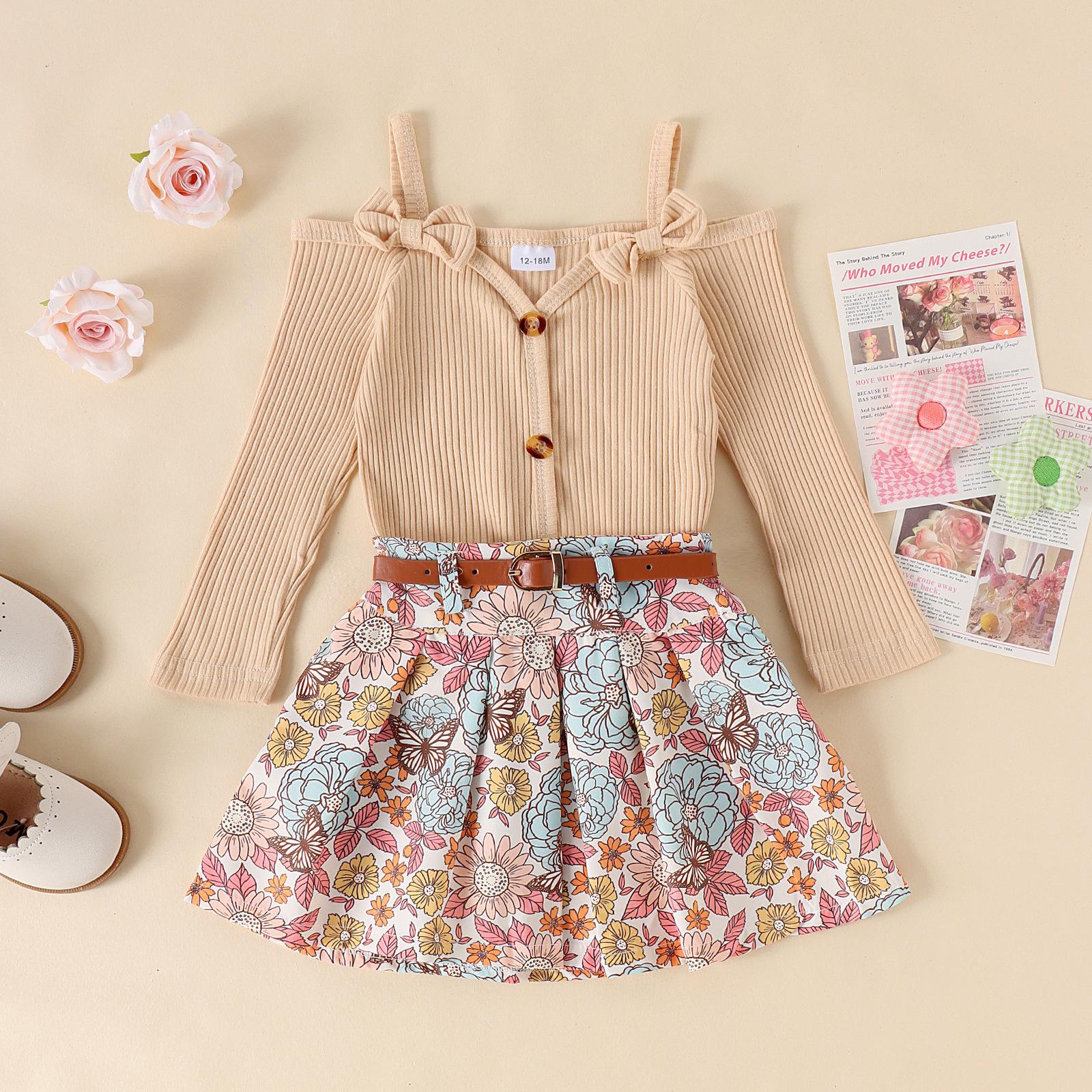

Модный костюм для девочек, летний детский повседневный костюм с длинными рукавами и юбкой с цветочным принтом 4-5T абрикосовый