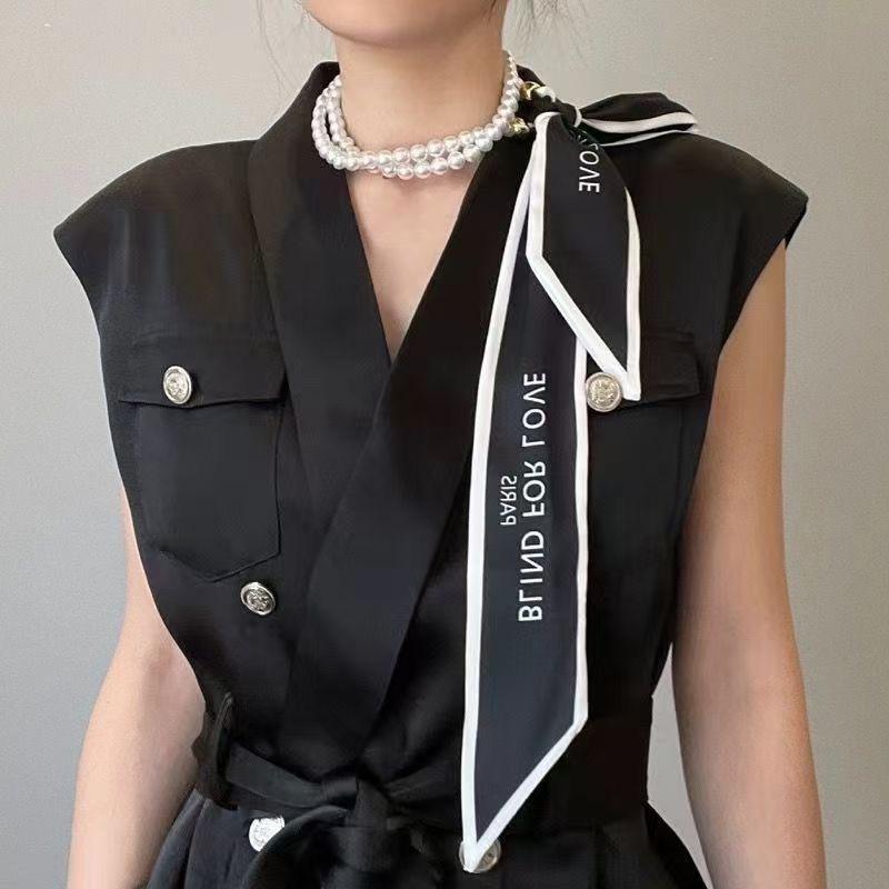French spring and summer scarves, headbands, high-end feel, pearl necklace, scarf collarbone chain, creative straps, elegant necklaces