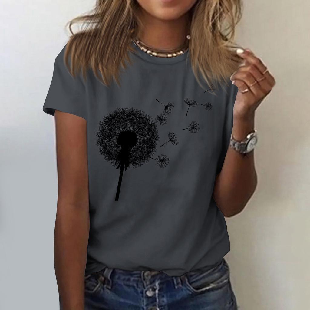 Women's Cute Printed Short Sleeve Round Neck Front Shoulder Vintage Short Sleeve Summer Loose Shirt Top