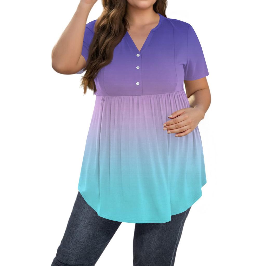 Damen Print Übergröße V-Ausschnitt Knopfleiste Lässiges Kurzarm Fließendes Top