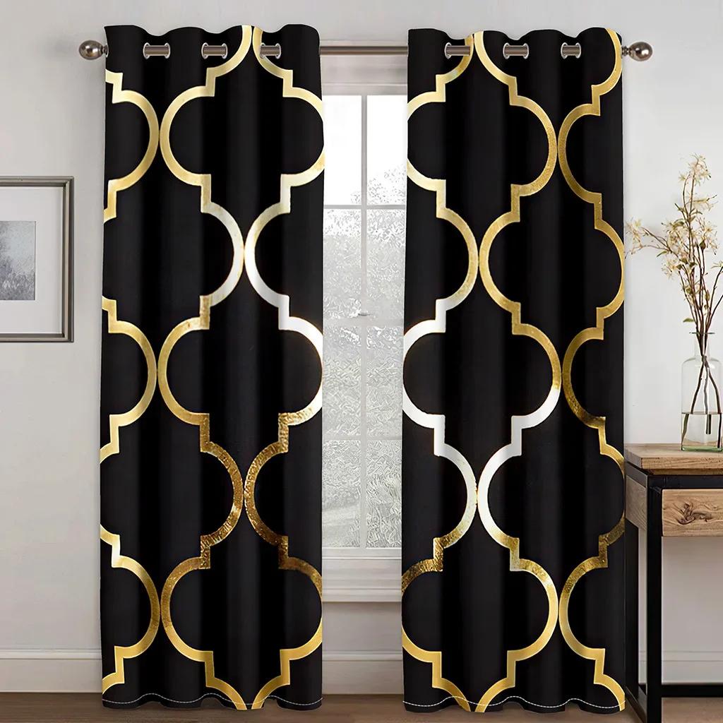 3D Customize Size Cheap Black Abstract Geometric Thin Windows Curtains for Living Room Bedroom Kitchen Office Decor 2Pieces