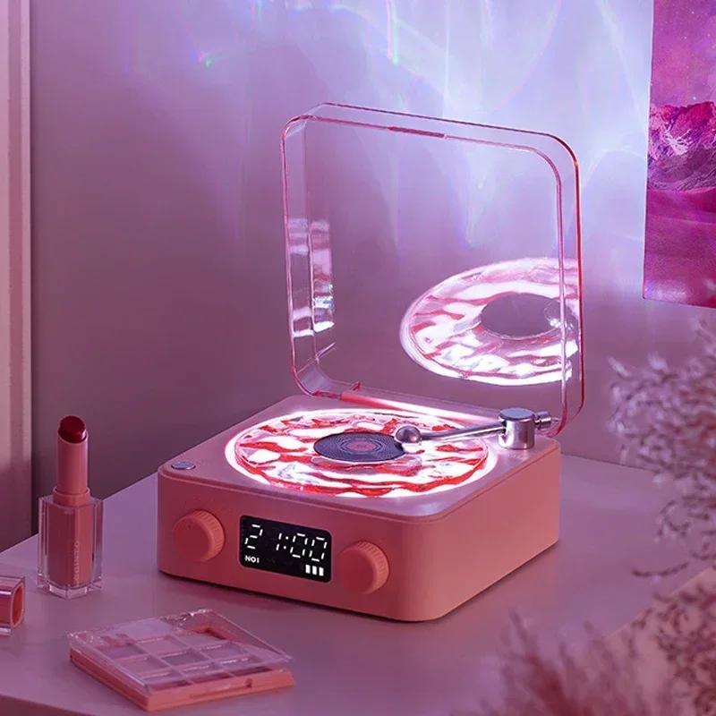 Retro Pikap Hoparlörlü Beyaz Gürültülü Kablosuz Bluetooth Vinil Kayıt Çalar Stereo Ses RGB Projeksiyon Lambası Efekti