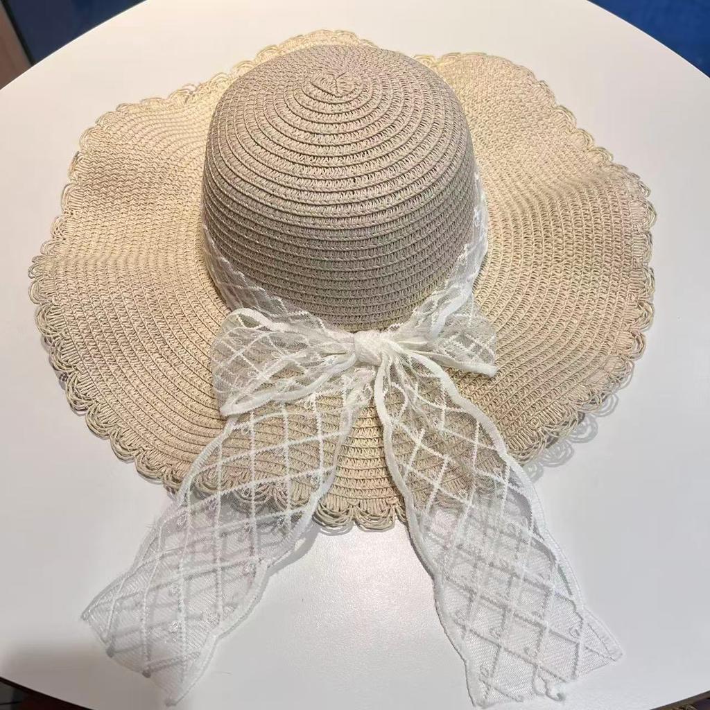 Bow lace straw hat sweet bucket hat summer seaside big brim vacation wind sunscreen sun hat