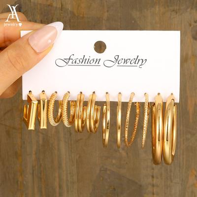 6pairs/set Luxury Gold Earrings Set for Women Geometry Hoop Earrings Hypoallergenic Accessory Jewelry