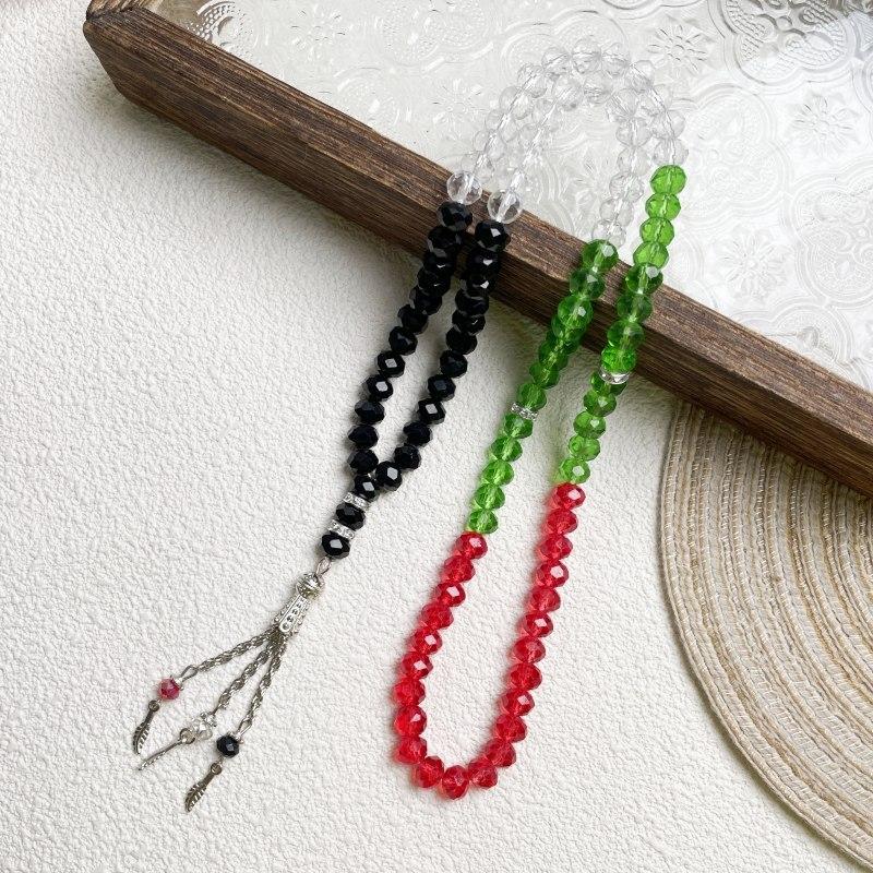 Tasbih Cristal 33 Perles Couleurs Palestine, Bracelet de Prière Musulman Rouge Vert Blanc Noir, 3 Longueurs pour la Prière & la Mode