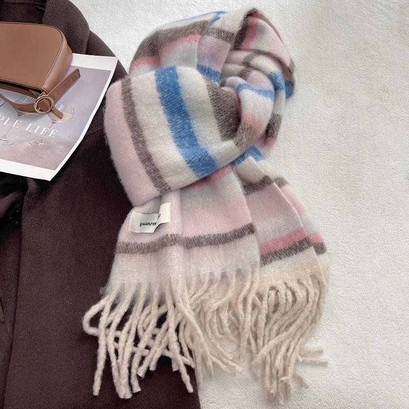 Winter Women Scarf Rainbow Color Designer Thick Warm Pashmina Shawl Wraps Plush Cashmere Tassel Stoles Echarpe Blanket