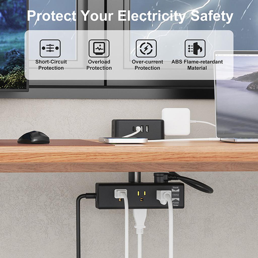 Dual Layer Desk Clamp Power Strip 12A 1500W 13 AC Outlets 2 USB A 2 USB C Ports Edges Mount Power Strip with 2m Cord for Home