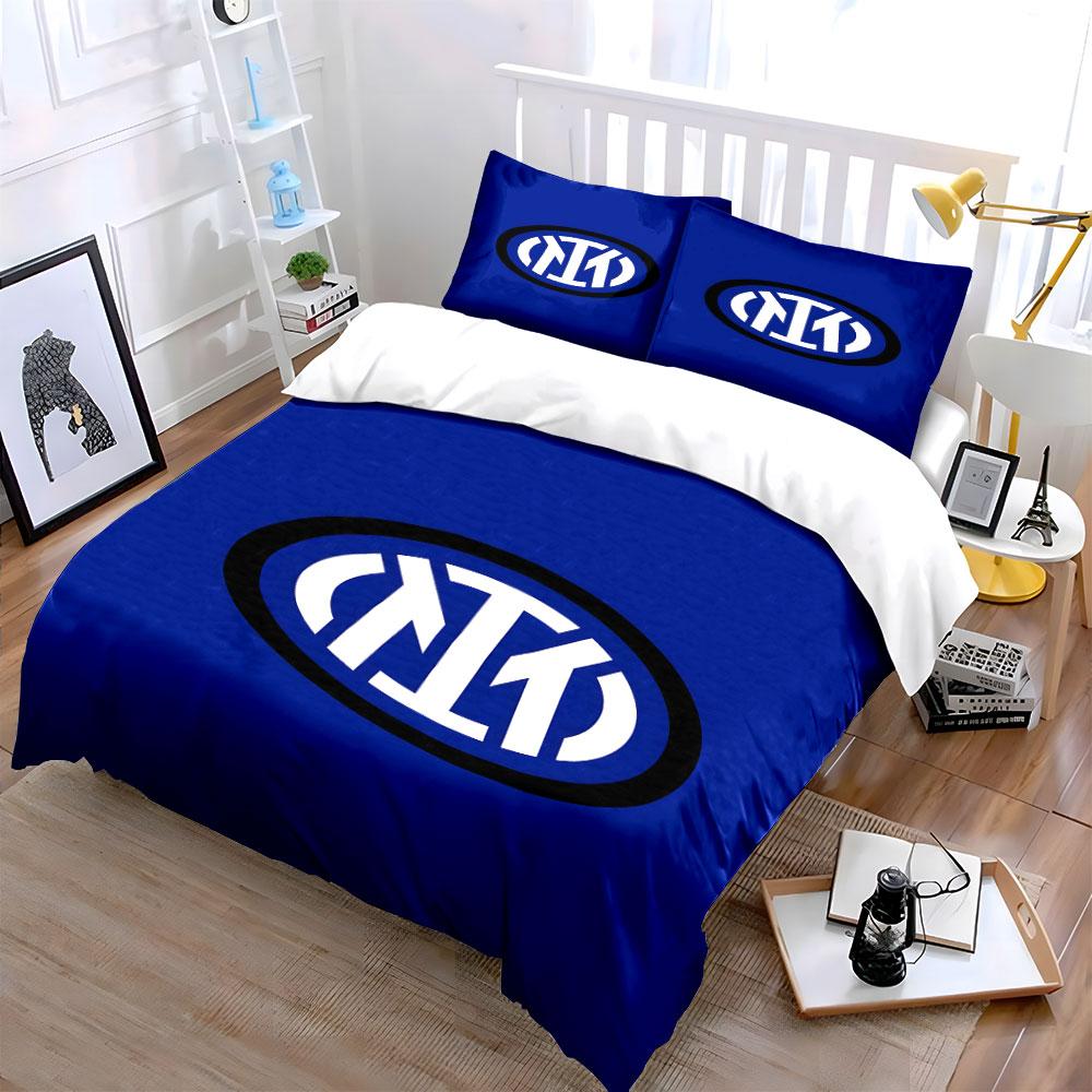 Blue Bedding Set with Interlocked White Logo Print Bedding Set Duvet Cover Pillowcases (1* Duvet Cover 2* Pillowcases Do Not Include Comforter)
