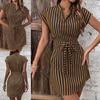 Fashion Short Sleeve Summer Striped Dress V Neck Elegant Slim Fit Elegant Short Party Dresses Casual Lace-up Sweet Street Wear Clothing