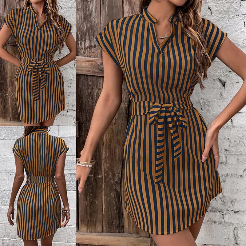 Fashion Short Sleeve Summer Striped Dress V Neck Elegant Slim Fit Elegant Short Party Dresses Casual Lace-up Sweet Street Wear Clothing