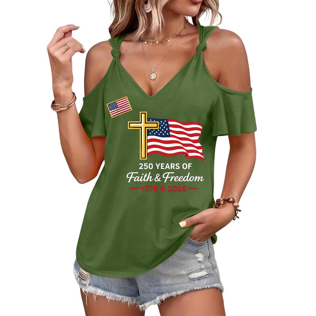 T-shirt décontracté pour femme à manches courtes et épaules dénudées avec imprimé Jour de l'Indépendance, col rond, coupe ample