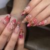 24Pcs Gold Cat Eye French Pearl Fake Nails Medium Almond Glitter Irregular Line Press On Nails