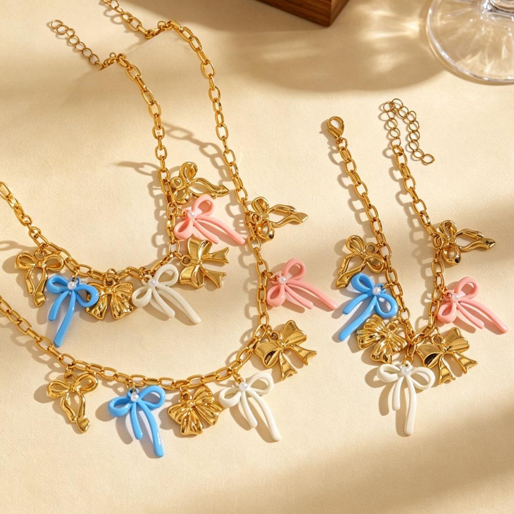 Summer Fashion Dopamine Colorful Drip Oil Bow Pendant Necklace Bracelet Anklet Set for Women Sweet Girl Vacation Jewelry Sets