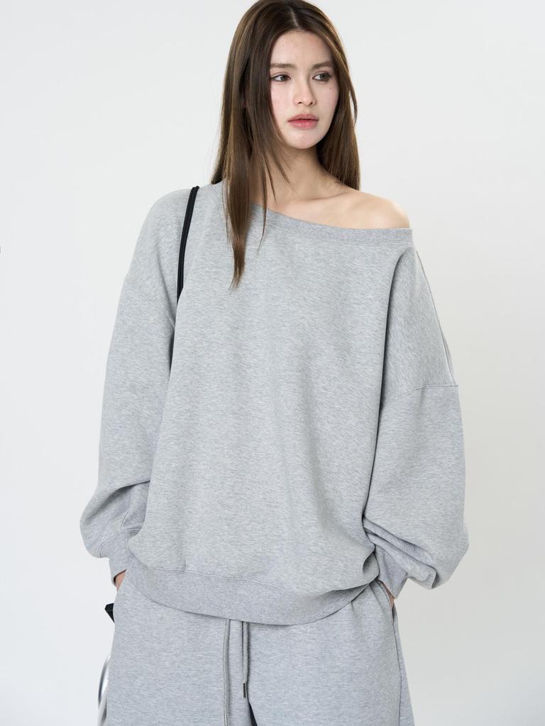 Louvre Spring Korean Athflow One-Shoulder Relaxed Sweatshirt for Women