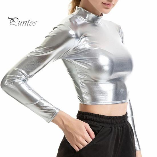 Lady Crop Top Women Club Half-high Collar Glossy Surface Skinny Waist-exposed Solid Color Soft Pullover Breathable Pole Dance Performance Party