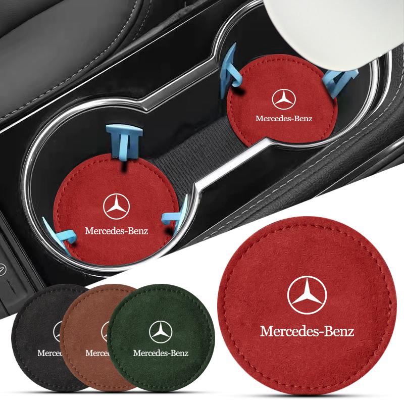 Car Cup Holder Pad PU Leather Slot Non-slip Coaster Mat For Mercedes Benz AMG W212 W205 W246 W177 W176 W213 GLC GLE GLS ML Welcome Laser Logo Lamp