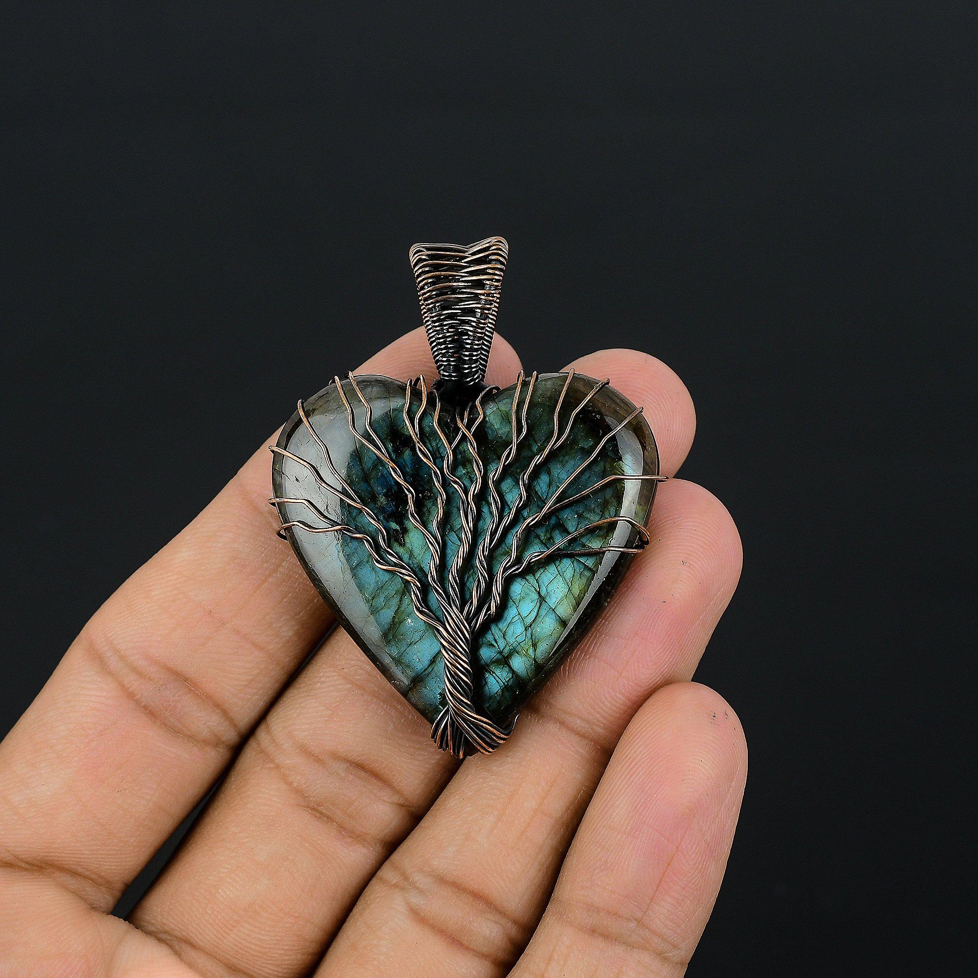 

Подвеска из лабрадорита, Подвеска ручной работы, обернутая медной проволокой 999 пробы, Антикварное украшение, Для подарка, Серебряное украшение 2.55 Inches