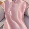 Pink Improved Cheongsam Button Top Irregular Design Shirt Summer New Half Sleeve