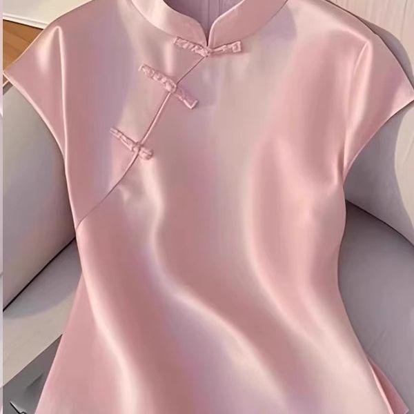 Pink Improved Cheongsam Button Top Irregular Design Shirt Summer New Half Sleeve
