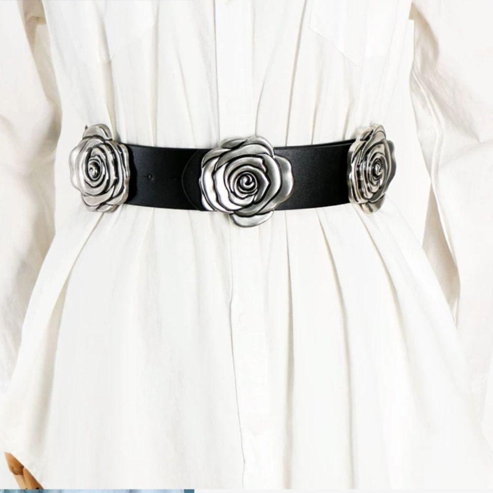 Zinc Zinc Alloy Rose Flower Waist Belt Jeans Decor Wide Waistband Fashion PU Leather Belt  Girls