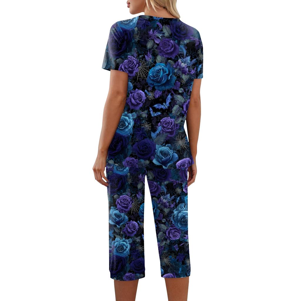 Women's Two Piece Halloween Print Lounge Set Short Sleeve V Neck Top and Capri Pants Casual Pajama Set for Relaxed Fit