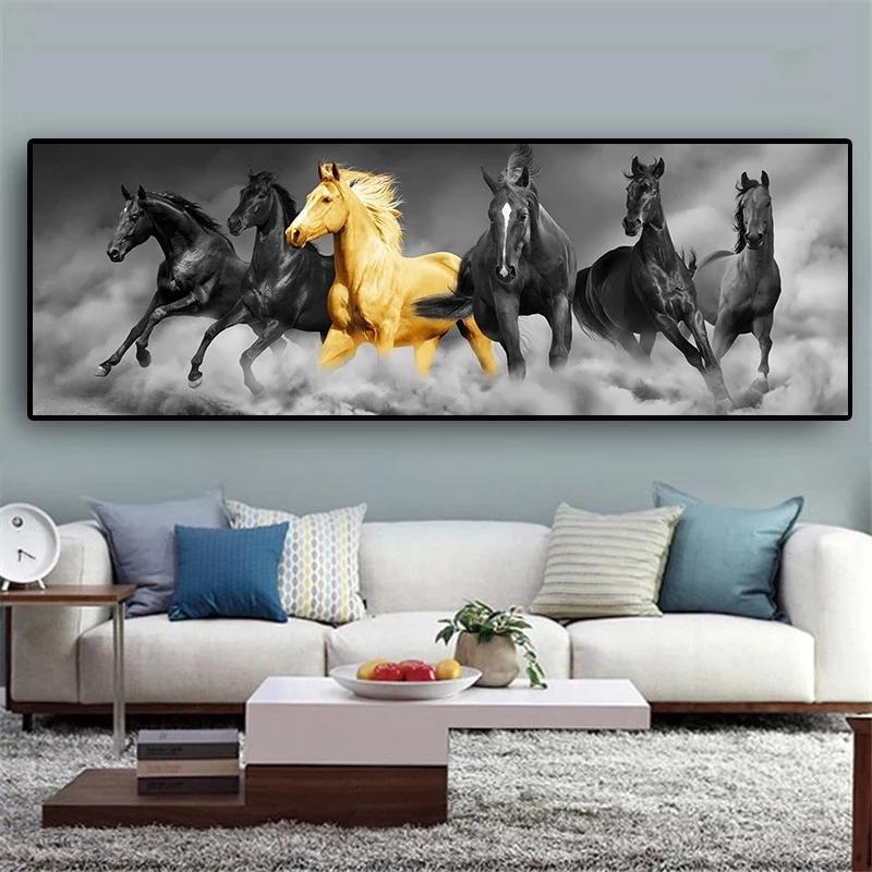 Six Running Black and Gold Horse Animals Posters and Prints Art Canvas Painting Wall Art Picture for Living Room Classical Mural No Frame