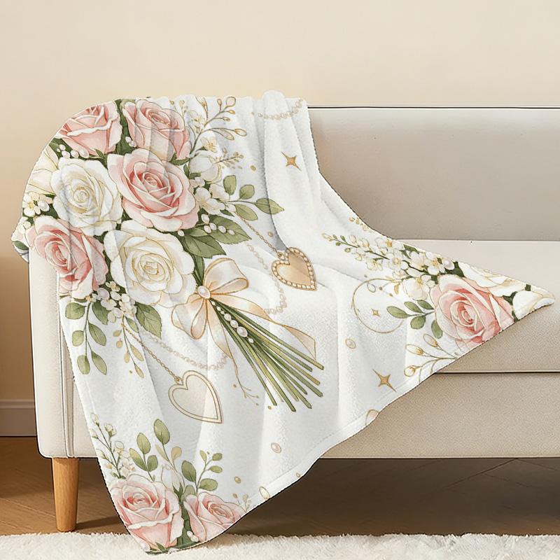 Flannel Fleece Blanket, Trimmed Edge, Soft Skin-Friendly Rose Floral Design, Warm Cozy Couch & Bedroom Cover, Perfect Valentine's Day Gift