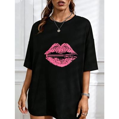 Women Casual T Shirt White Pink Lip With Zipper Print For Daily Wear And Fashion Outfits