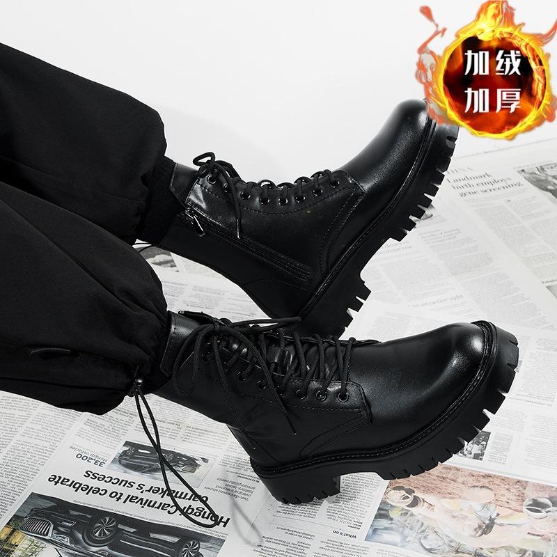 Martin Boots Men's Black High-top Leather Shoes 2 New Medium-top Locomotive Boots Boys Heightening Leather Boots