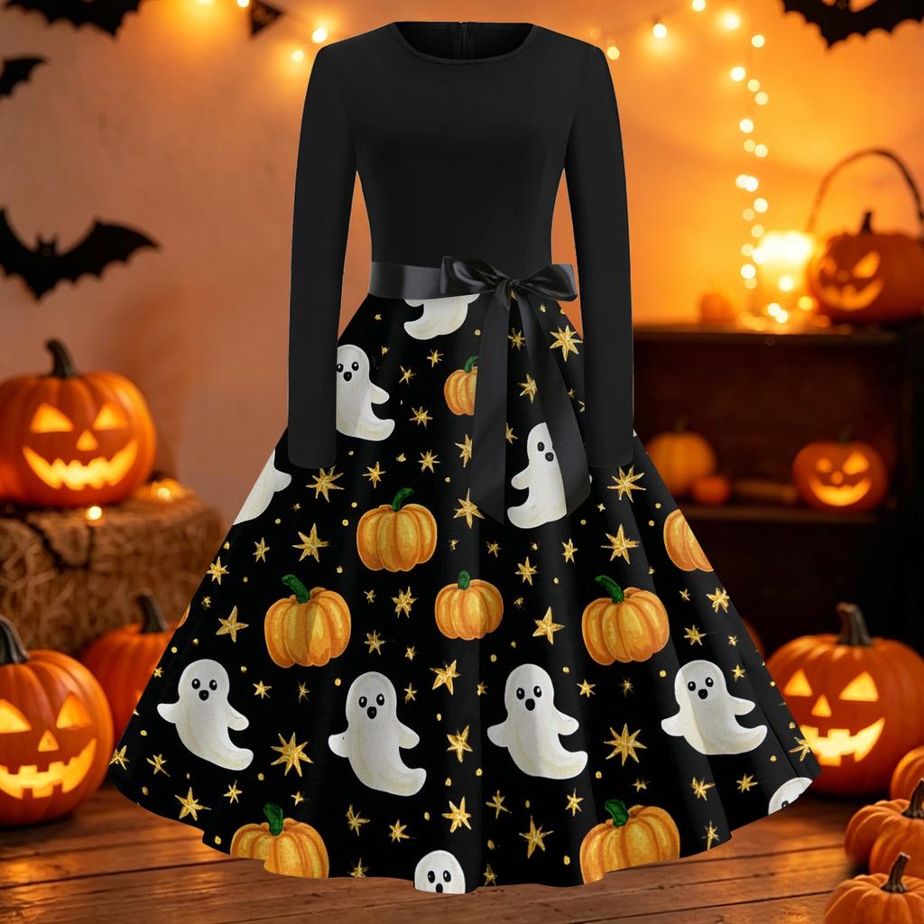 Women's Casual Long Sleeve Halloween Dress Fit and Flare Round Neck Dress with Printed Skirt and Waist Tie for Fall and Party
