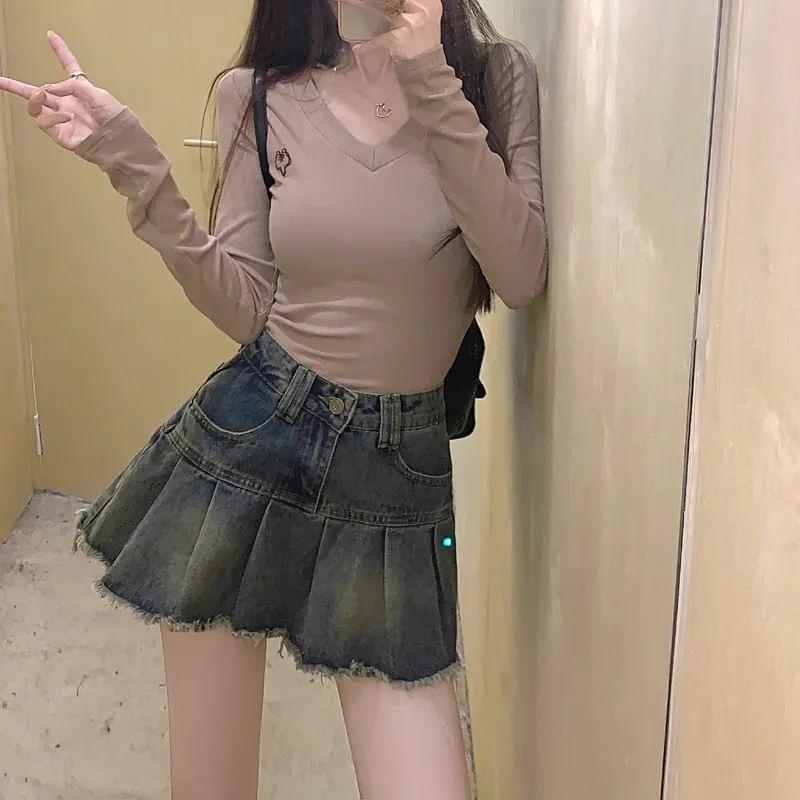 American Retro High-Waist Denim A-line Pleated Mini Skirt 2026 for Women