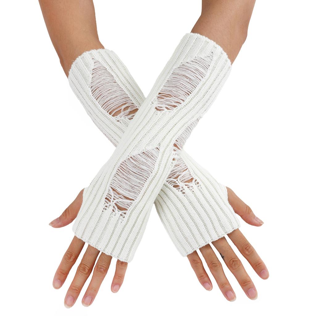 Perforated and Hollowed Out Woolen Gloves for Autumn and Winter Mid Length Fingerless  Warm and Fashionable Knitted Arm Covers for Women