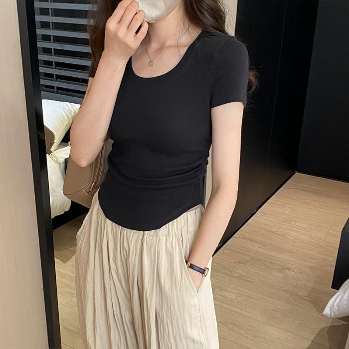 Специальная сладкая прохладная ветровая футболка на плечо женская летняя новая темпераментная талия узкая короткий рукав чистый тонкий нижний топ S чёрный
