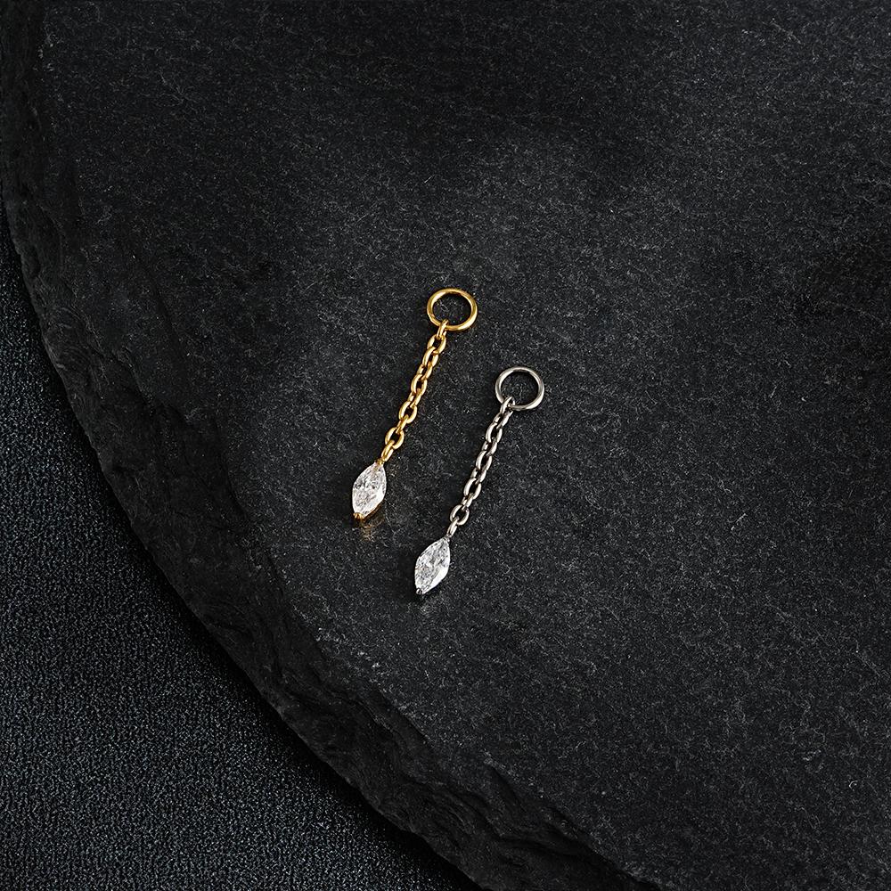 Right Grand ASTM F136 Titanium Earring Chain with Dangling Marquise CZ Charm for Labret Stud Hoop Nose Clicker Piercing Jewelry