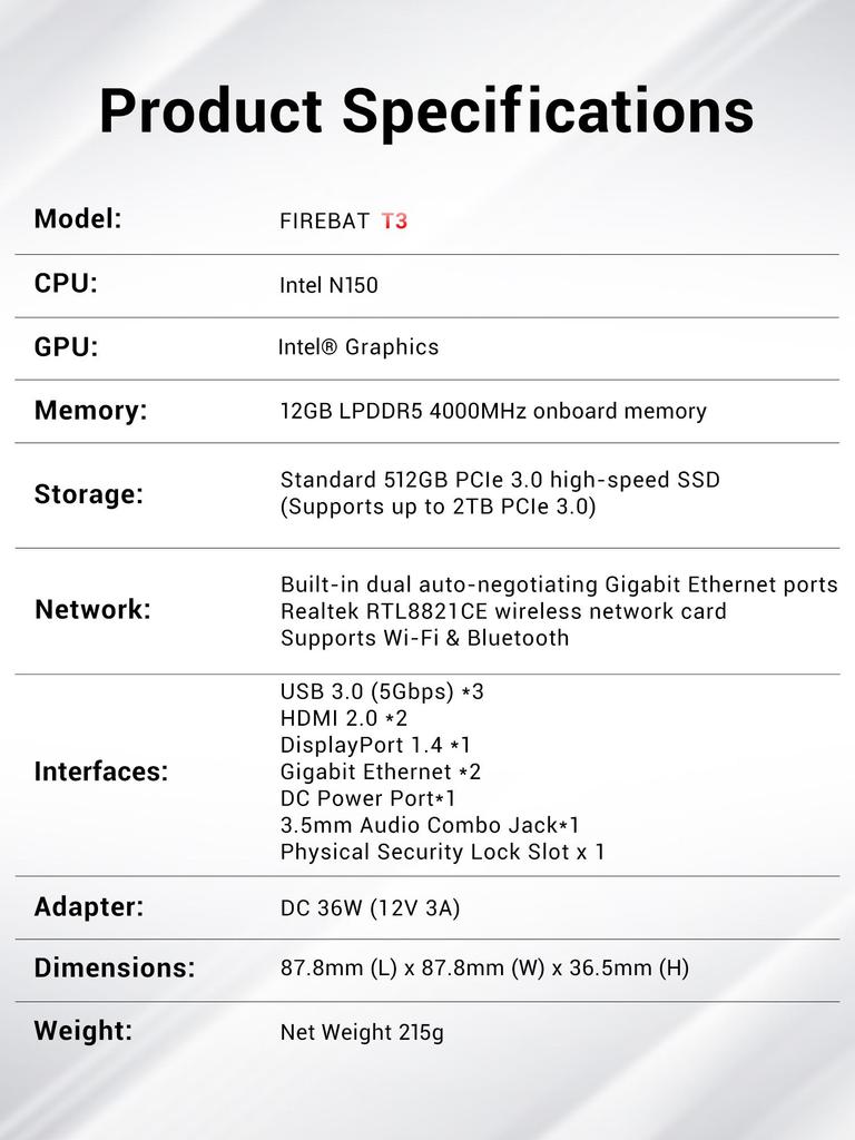 FIREBAT T3 Mini PC Intel N150 CPU Windows 11 12GB DDR5 RAM 512GB SSD Wi-Fi 5 Bluetooth 4.2 HDMI DP USB Desktop Computer
