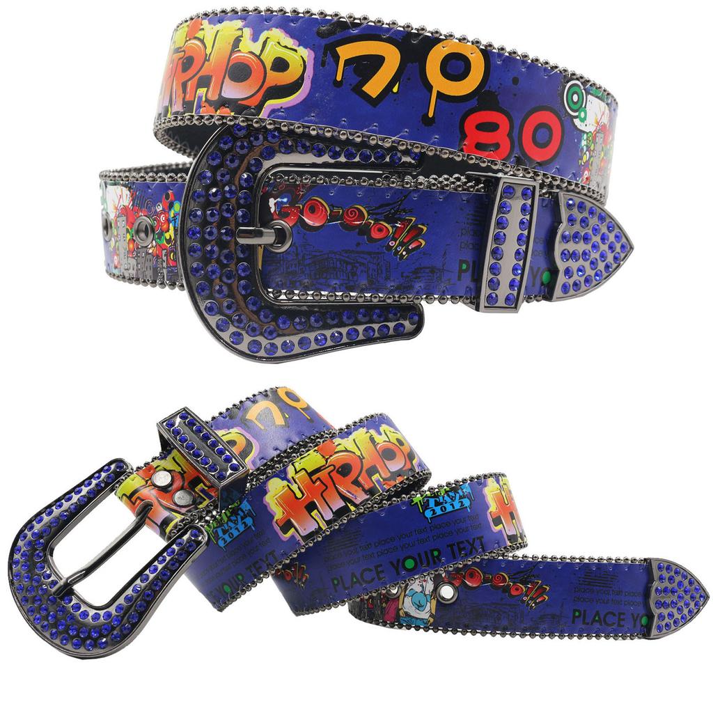 New Bohemian Print Graffiti Casual Versatile Personalized Belt Rhinestone Belt Decoration European and American Versatile