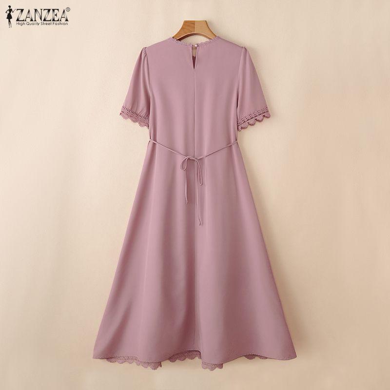 ZANZEA Women Elegant Round Neck Summer Casual Short Sleeve Long Dress