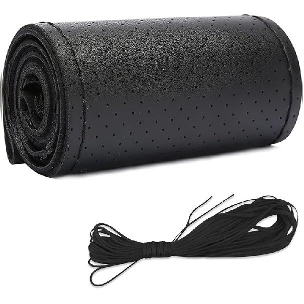 Leather Steering Wheel Cover, DIY Sewing with Needle & Thread, Breathable Anti-Slip Car Steering Wheel Protector, Universal 15 Inch Auto Steering