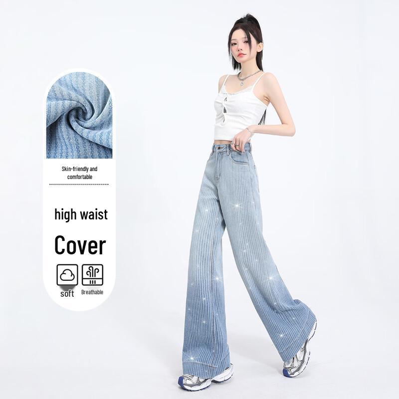 HSTYLE Women's Vintage Rhinestone Gradient Wide-Leg Jeans
