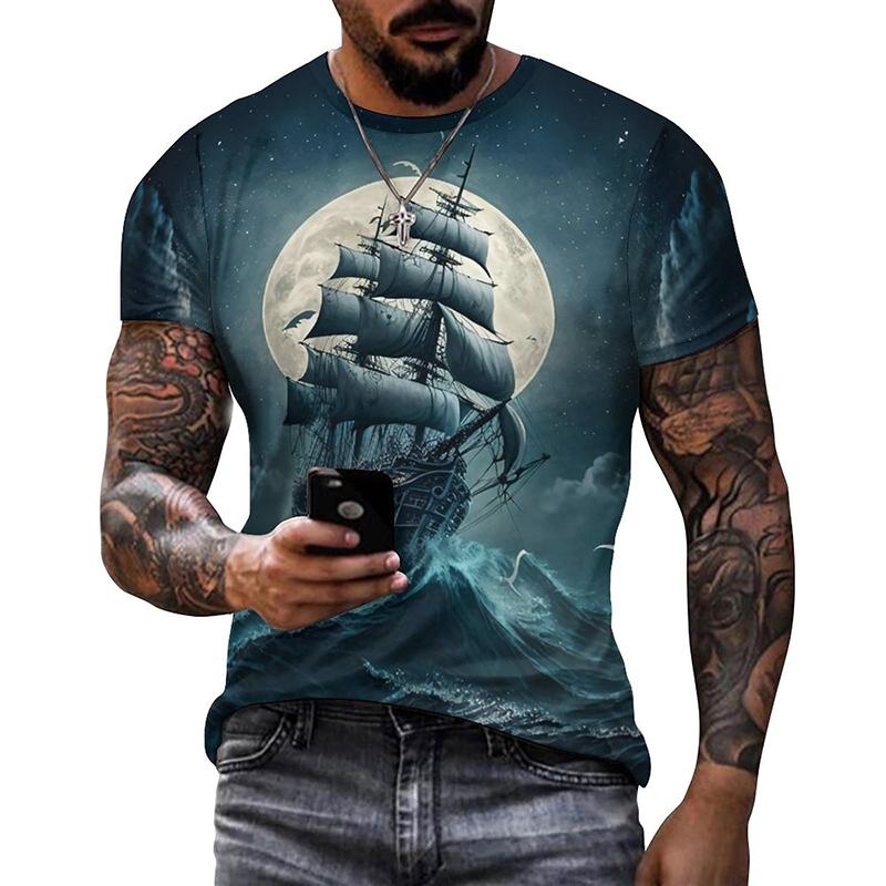 T-shirt Stampata Nave Vintage da Uomo Estate Tendenza Modello Terrore Hombre Ropa Street Hiphop T-shirt Oversize Traspirante