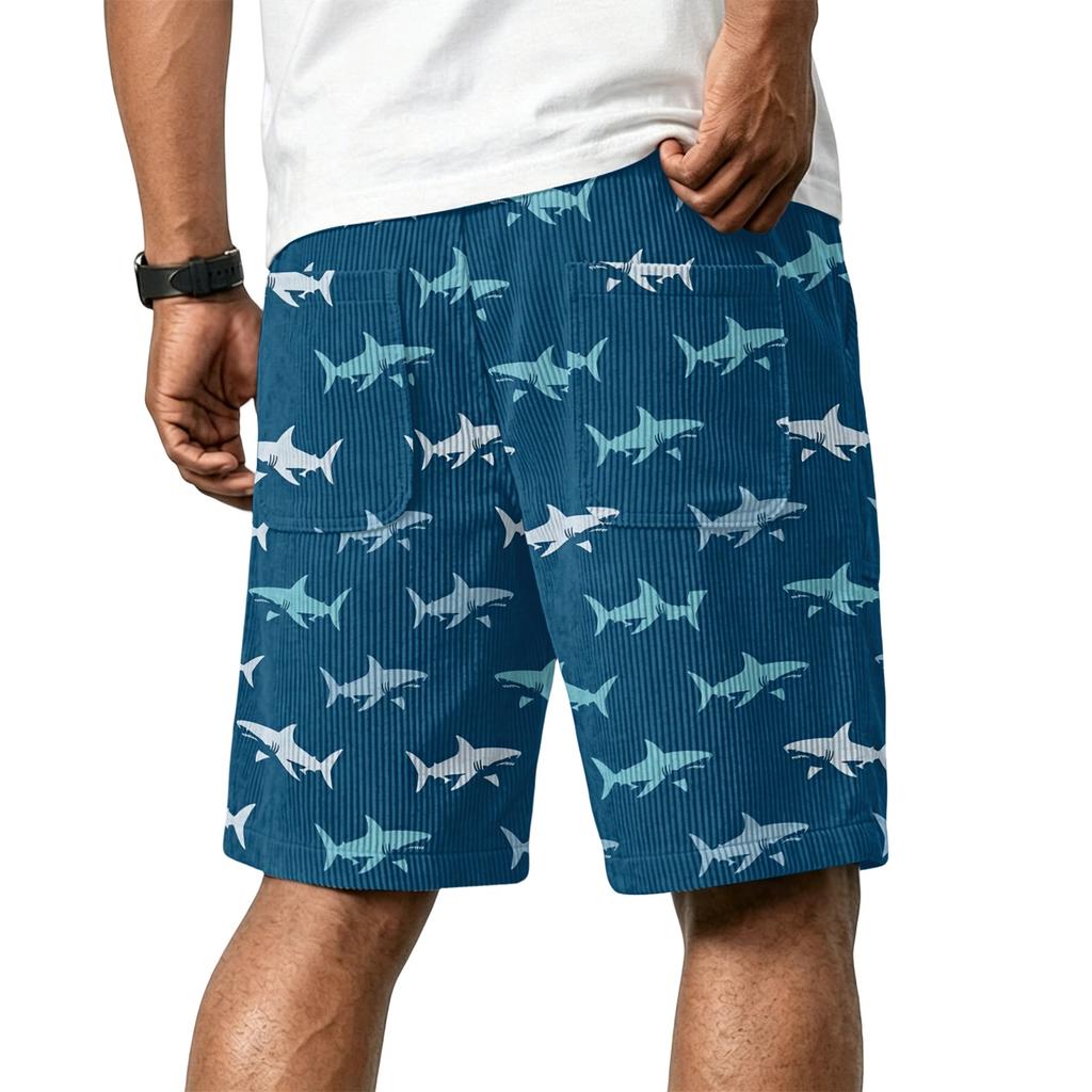 Men Corduroy Drawstring Shorts with Tropical Leaf Print Elastic Waist Casual Fit Summer Beachwear Classic Wear Style 1979