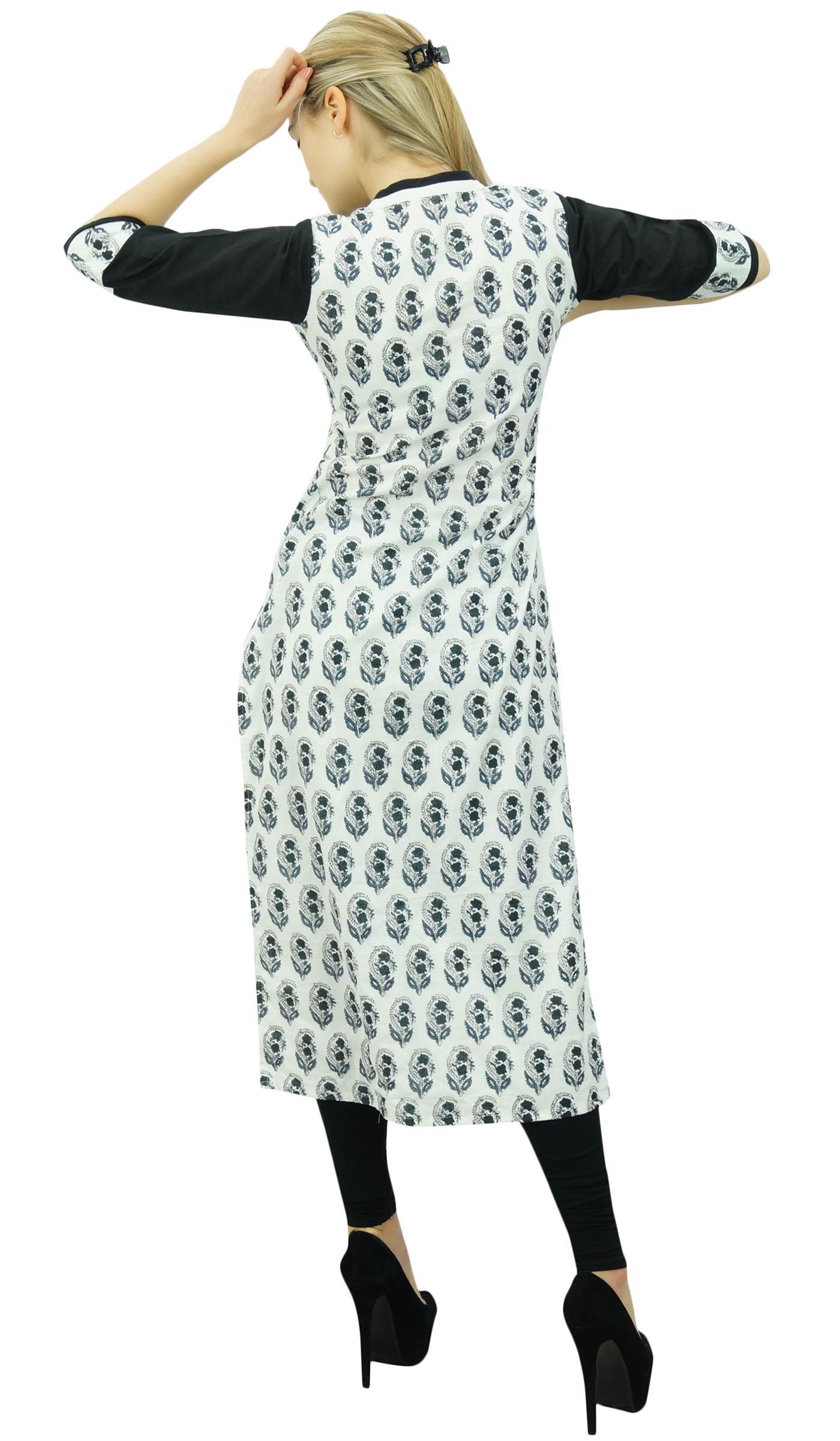 

Phagun White Printed Cotton A-Line Kurti Mid Calf Indian Casual Women 8 білий