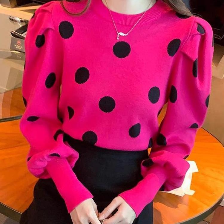 Autumn Polka Dot Puff Sleeve Knit Sweater - Slim, Versatile, Round Neck Style