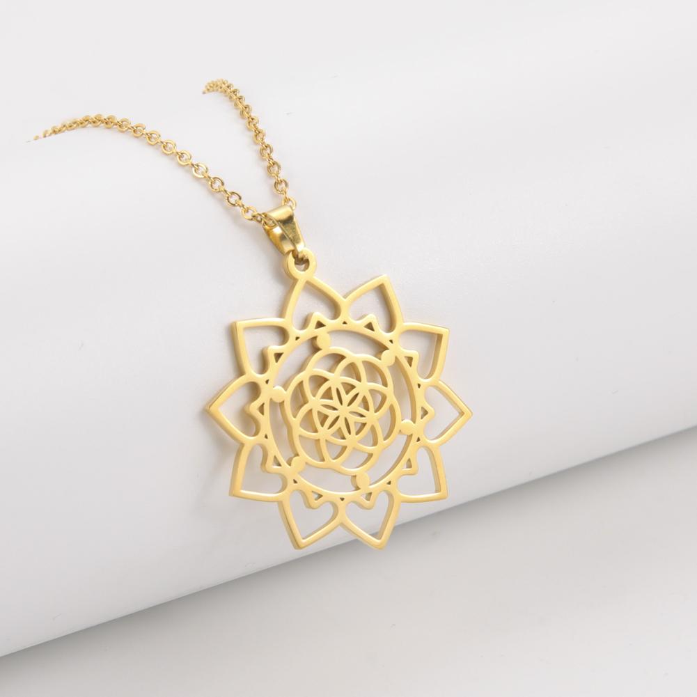 LIKGREAT Flower of Life Pendant Necklace for Women Mandala Chakra Hollow Stainless Steel Charms Jewelry Geometry Amulet Gift