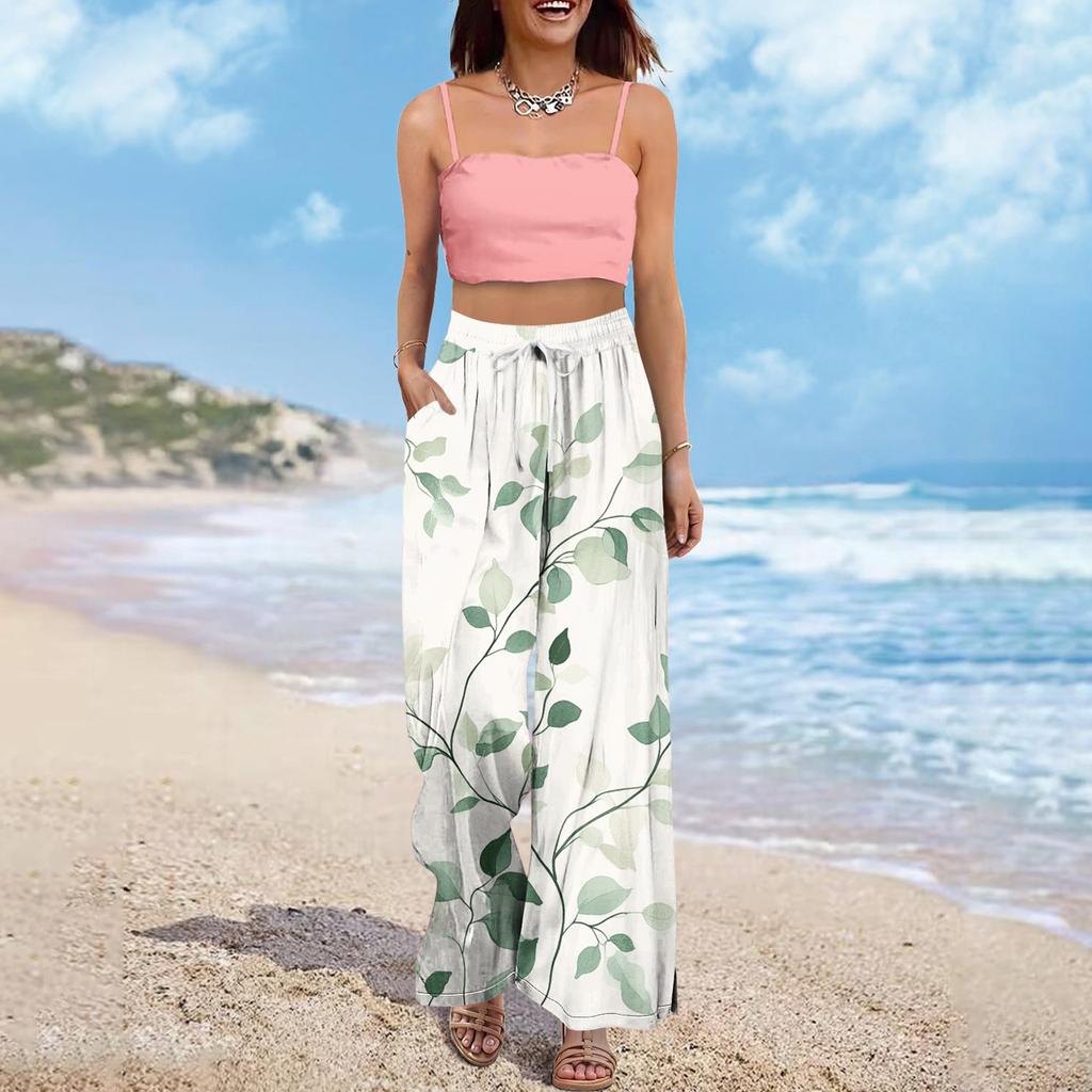Women's Wide Leg Pants With Elastic Waistband Printing Large Pockets Patchwork Edge, Loose Pants