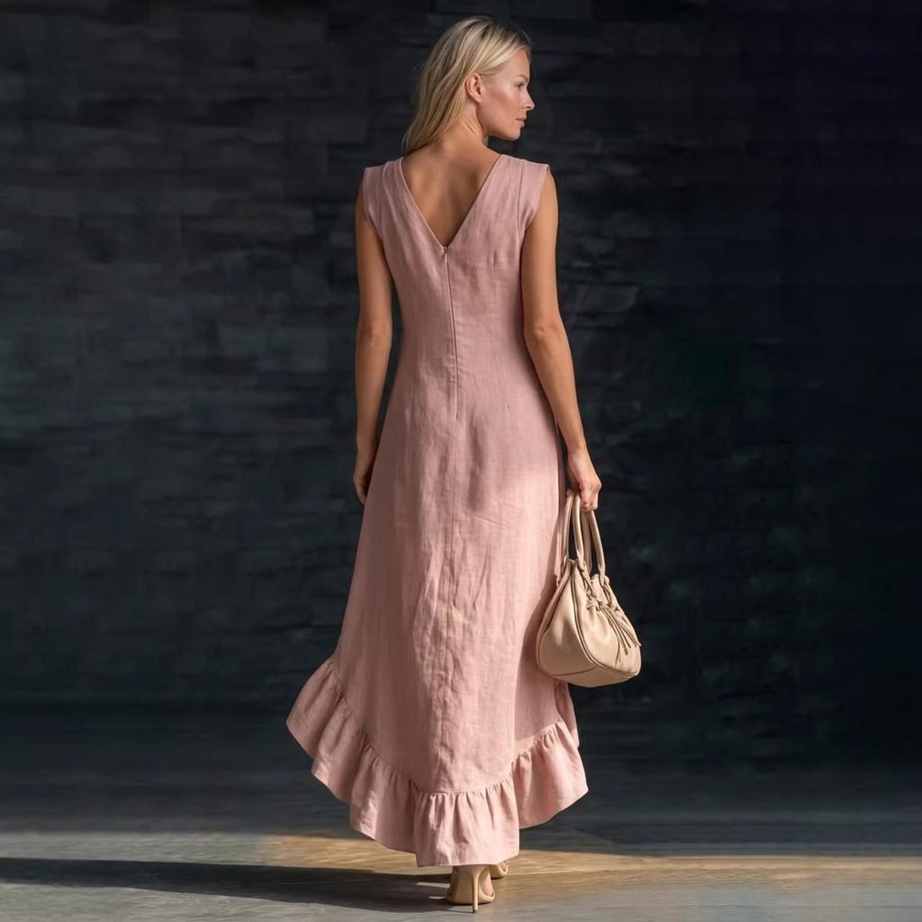 2026 Nouvelle Mode Romantique Sans Manches Col en V Ourlet à Volants Lin Longue Robe pour Vacances d'Été