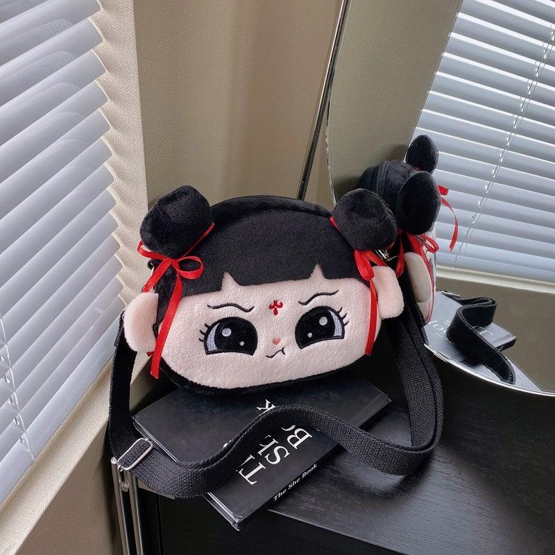 Cute Nezha Laughing And Big Eyed Expression Cartoon Embroidery Plush Backpack