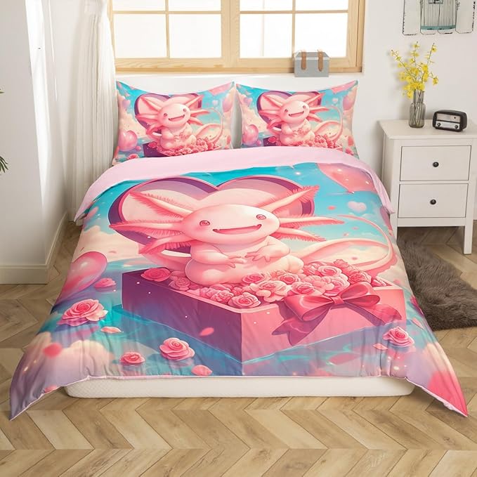 Cartoon Penguin Bedding Set Romantic Balloon Valentine's Day Comforter Cover Groovy Roses Flower Duvet Cover for Couple Lovers