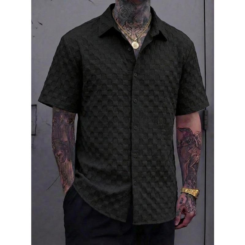 Mens Jacquard Short Sleeve Lapel Casual Check Fashion Shirt